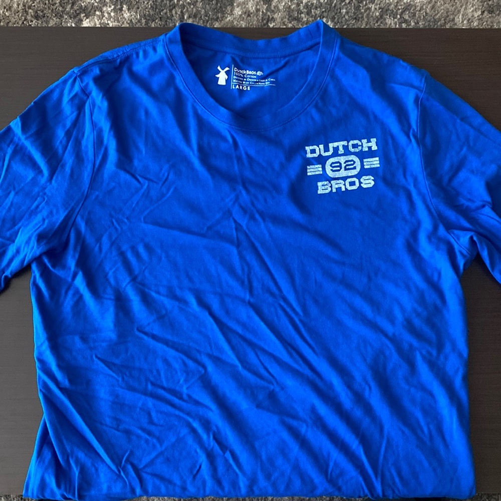 Large blue Dutch bros short sleeve tee shirt.